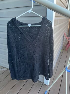 100% cotton black Open-Knit Hooded Pullover Sweater - Women's large medium